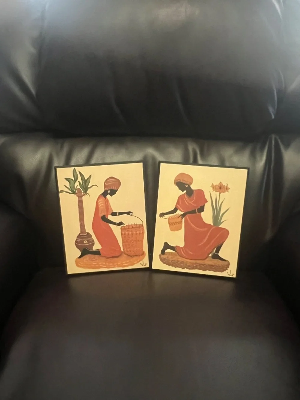 Pair of Vintage Judy Mastrangelo Art Prints African Women Weaving Baskets Mid-Ce